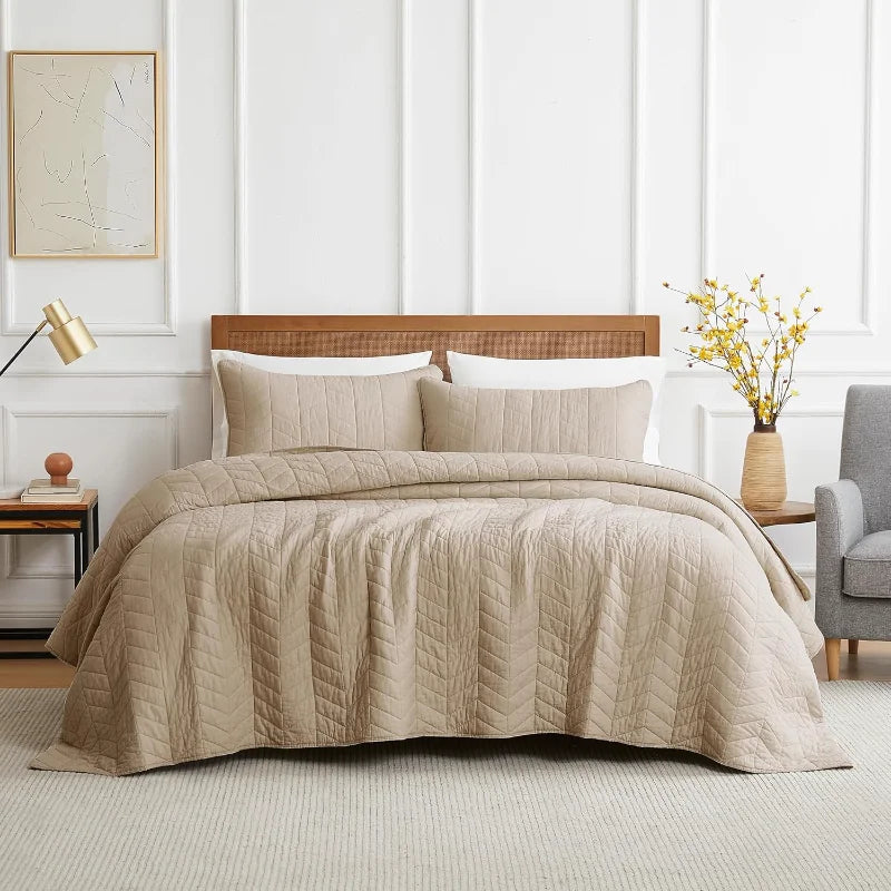 Beige Cotton Queen Quilt Set