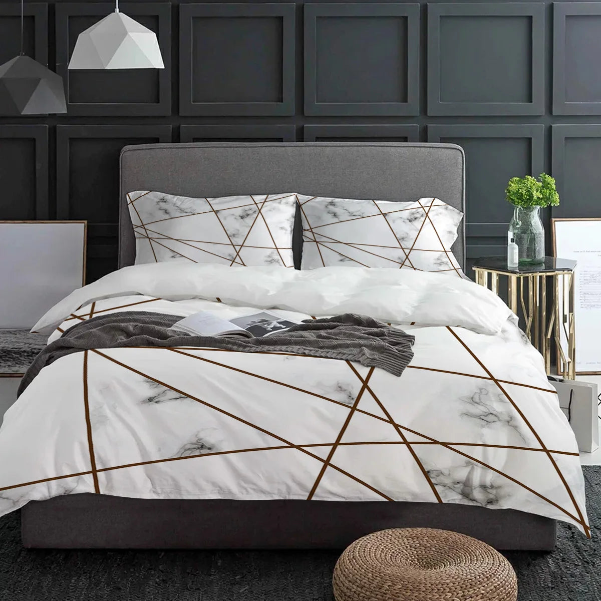 White Marble Striped Duvet Cover Set