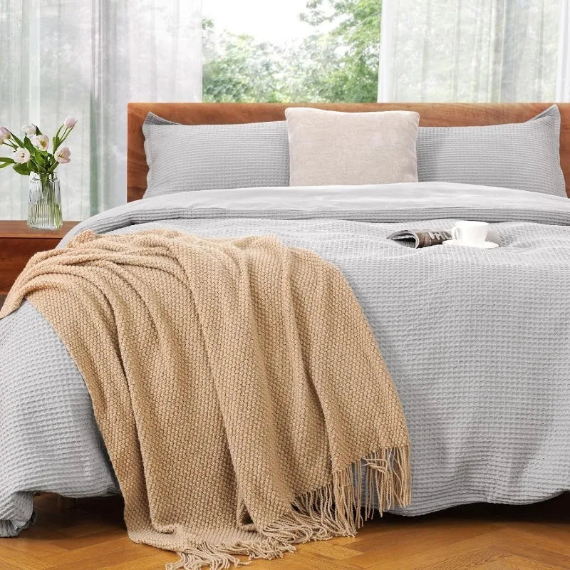 White Waffle Weave Cotton Duvet Cover Set